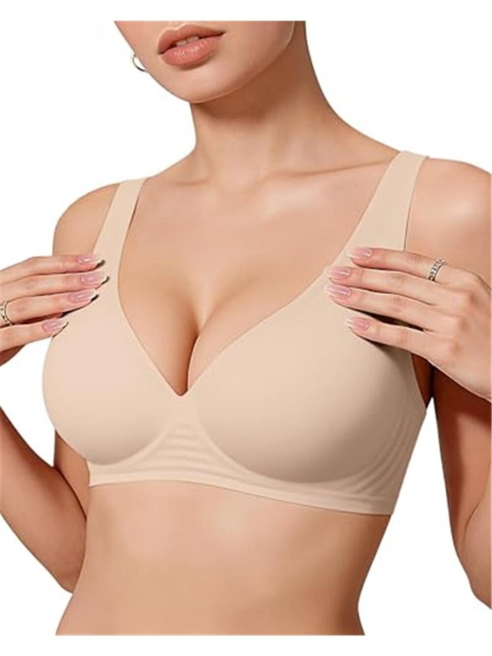 Deep V Wireless Push Up Bralette Seamless Plunge Tshirt Bra No Underwire Nude 3D